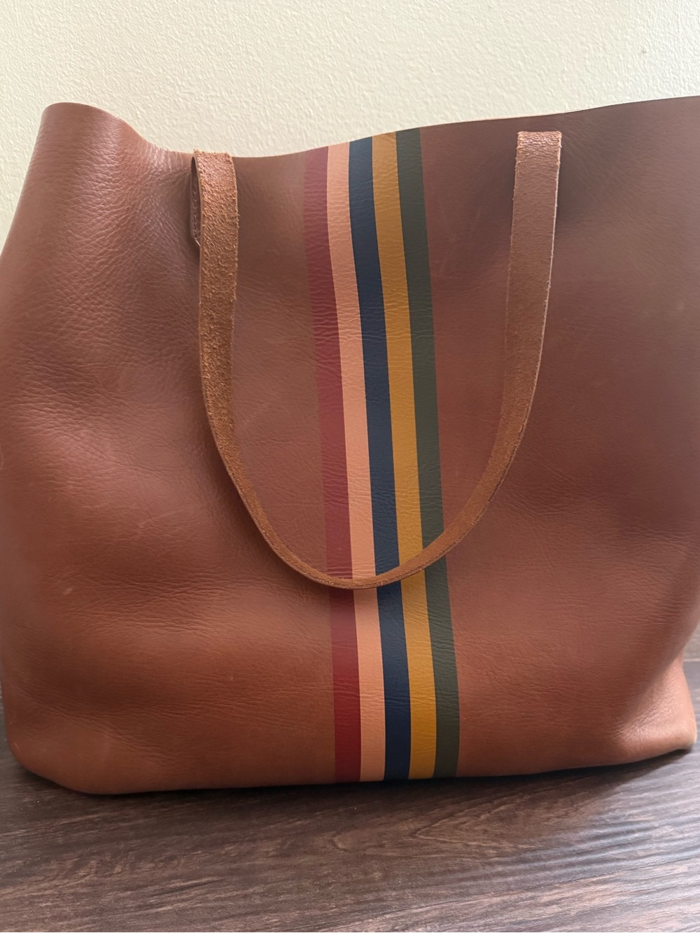 Madewell Leather  Transport Tote Bag - Brown/Rainbow stripe edition.